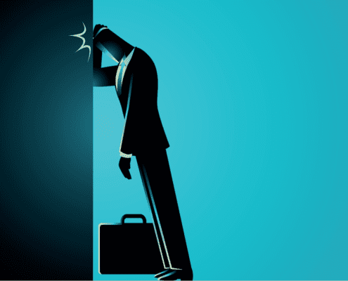 Eine stilisierte Illustration zeigt eine Person im Anzug mit einer Aktentasche, die vor einem blauen Hintergrund mit Farbverlauf frustriert ihren Kopf gegen eine Wand lehnt. Damit wird auf subtile Weise die Bedeutung einer positiven Fehlerkultur und das Finden von Lösungen inmitten von Herausforderungen hervorgehoben.