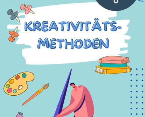 Illustriertes Poster mit dem Titel „KREATIVITÄTS-METHODEN“. Es zeigt eine Person, die mit einem großen Stift zeichnet, umgeben von verschiedenen Kreativwerkzeugen und Symbolen wie Pinseln, Buntstiften, Büchern, einer Palette und einer Glühbirne. Oben rechts ist ein Diagrammsymbol zu sehen – perfekt für die Durchführung lebendiger Meetings mit dynamischer Moderation.