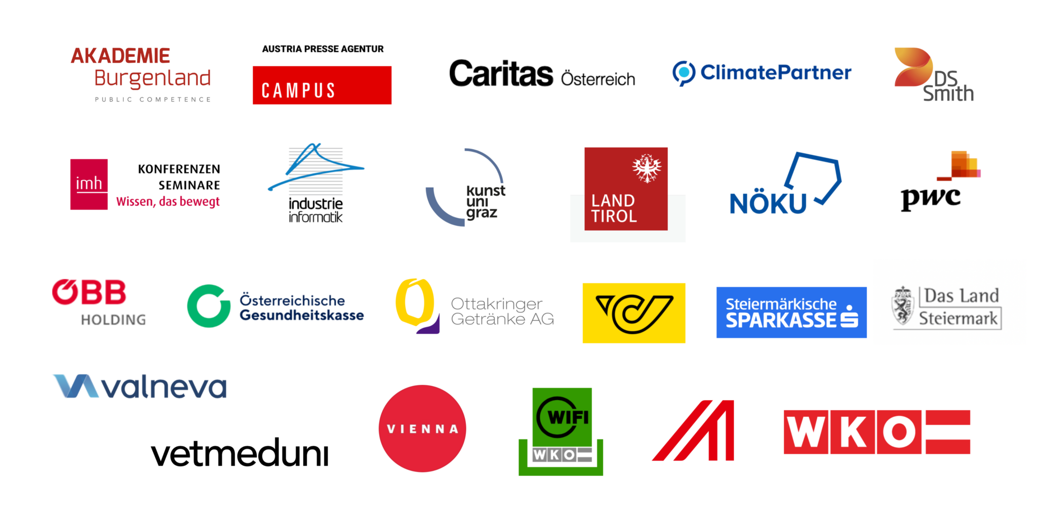 Eine Zusammenstellung verschiedener Logos österreichischer Organisationen und Unternehmen, darunter Akademie Burgenland, Caritas Österreich, ClimatePartner, DS Smith, OBB Holding, PwC, Valneva, WiFi, vetmeduni, WKO und andere. Diese Referenzen weisen unterschiedliche Designs und Farben auf.