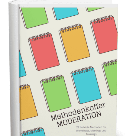 Ein Buchcover mit lebendigen Illustrationen spiralgebundener Notizbücher. Der Titel lautet „Methodenkoffer Moderation“ von Angela Pengl-Böhm. Im Subtext werden 22 beliebte Methoden für Workshops, Meetings, Trainings und digitale Weiterbildung vorgestellt.