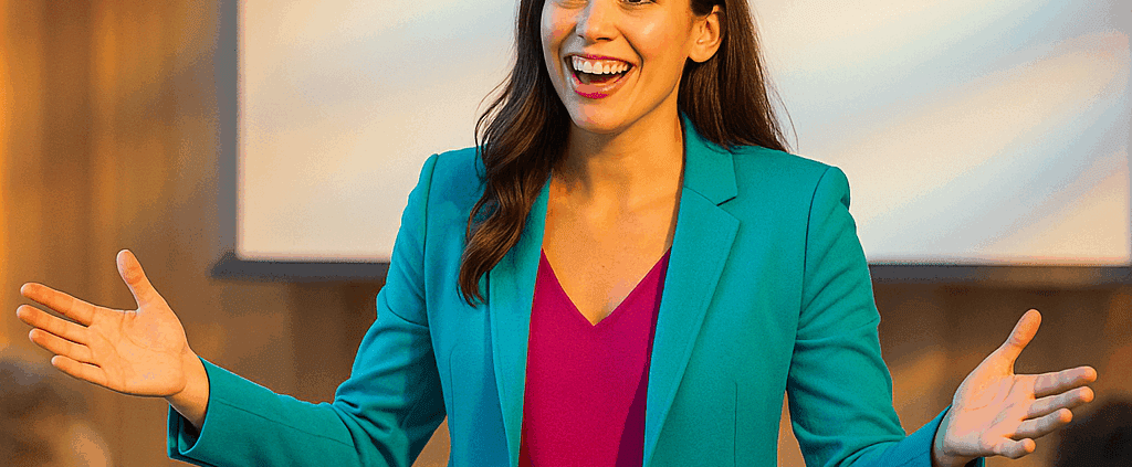Eine Frau in einem blaugrünen Blazer und einem magentafarbenen Oberteil spricht energisch zu einem Publikum und verwendet dabei Techniken, um das Publikum zu begeistern, während sie vor einem Bildschirm steht, auf dem das Wort „INSPIRATION“ angezeigt wird.