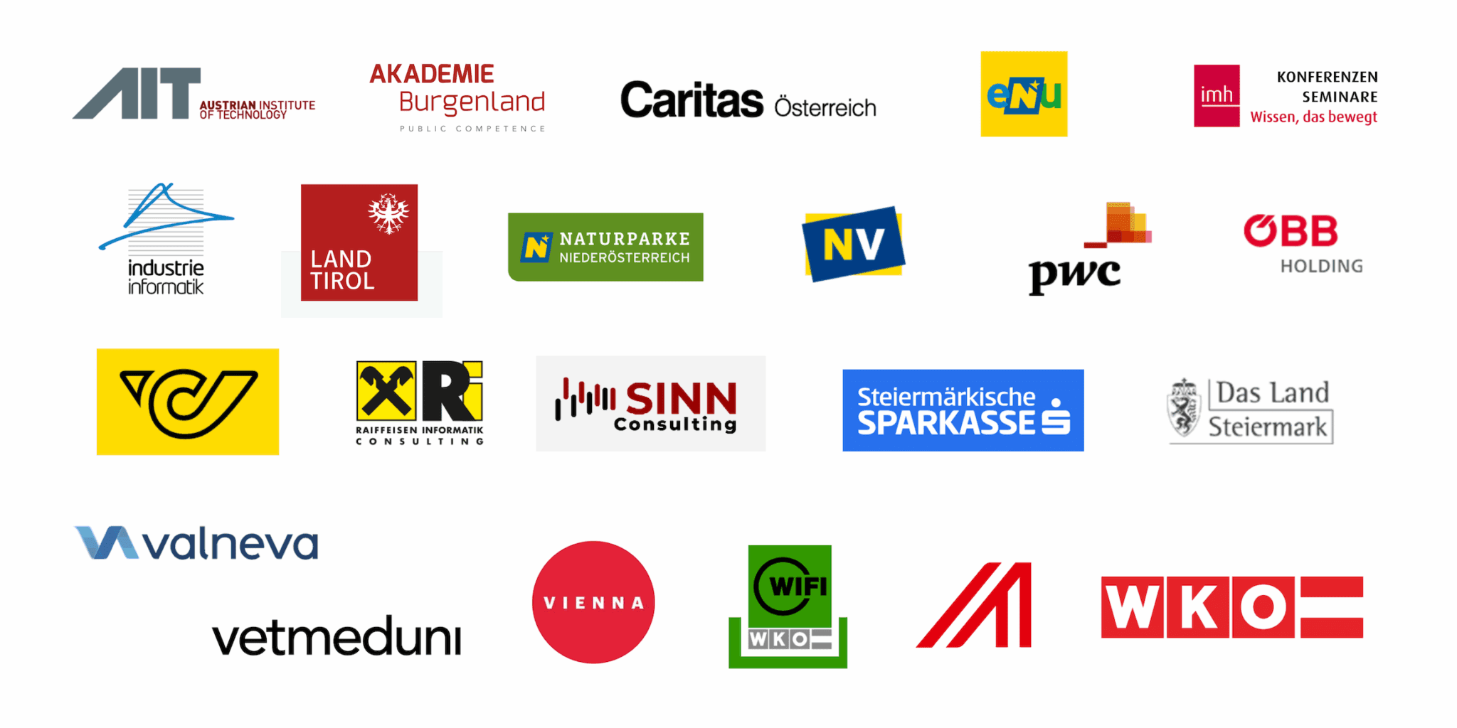 Eine Sammlung von 22 Logos verschiedener österreichischer Organisationen, darunter Unternehmen, Banken, Beratungsfirmen, Behörden und Universitäten, angeordnet in vier Reihen auf weißem Hintergrund.