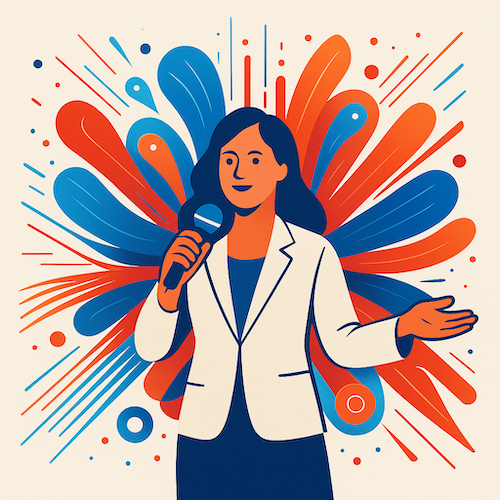Ein Präsentationscoach im weißen Blazer hält ein Mikrofon und gestikuliert selbstbewusst vor einem abstrakten Hintergrund mit dynamischen blauen und orangefarbenen Formen.