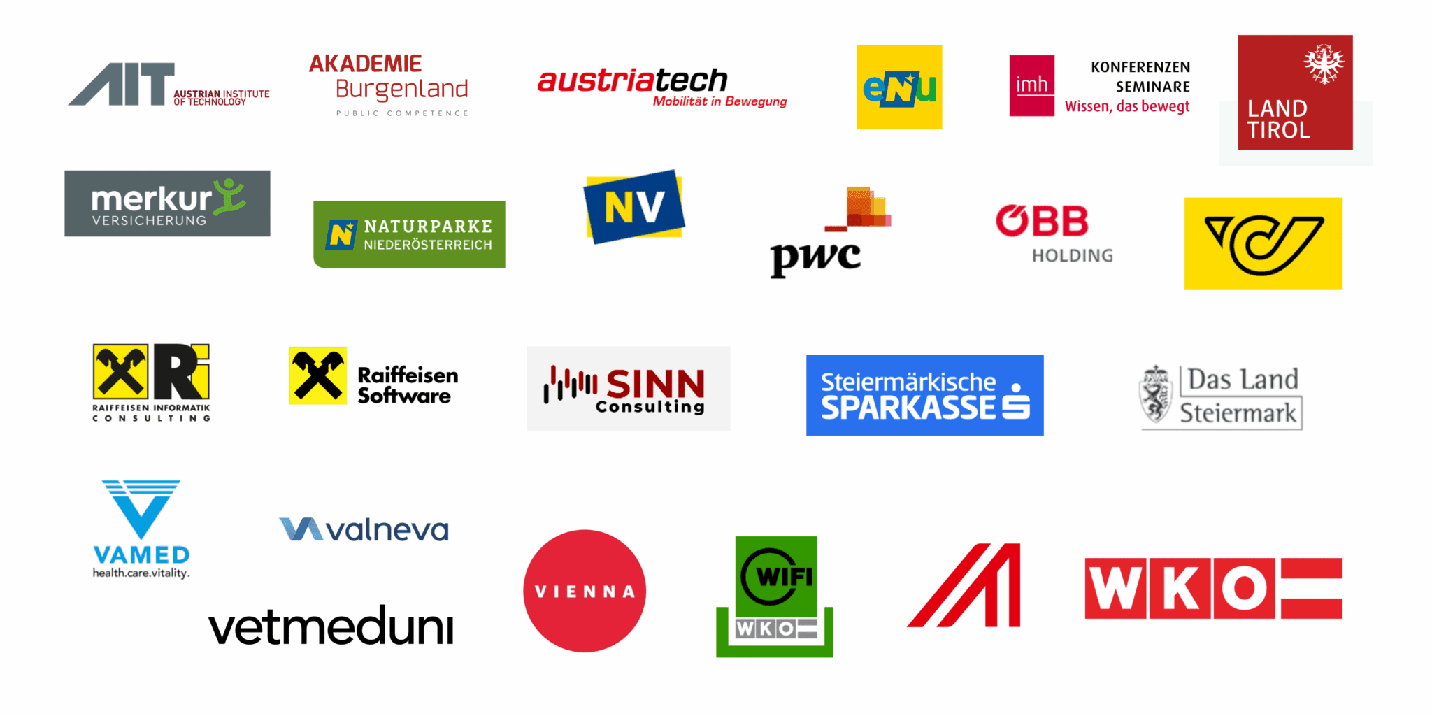Eine Sammlung von 22 Logos verschiedener österreichischer Organisationen und Unternehmen, dargestellt in einem Raster auf weißem Hintergrund. Jedes Logo zeichnet sich durch einzigartige Farben, Icons und Texte aus und zeigt unsere vielfältigen Referenzen aus unterschiedlichen Institutionen.
