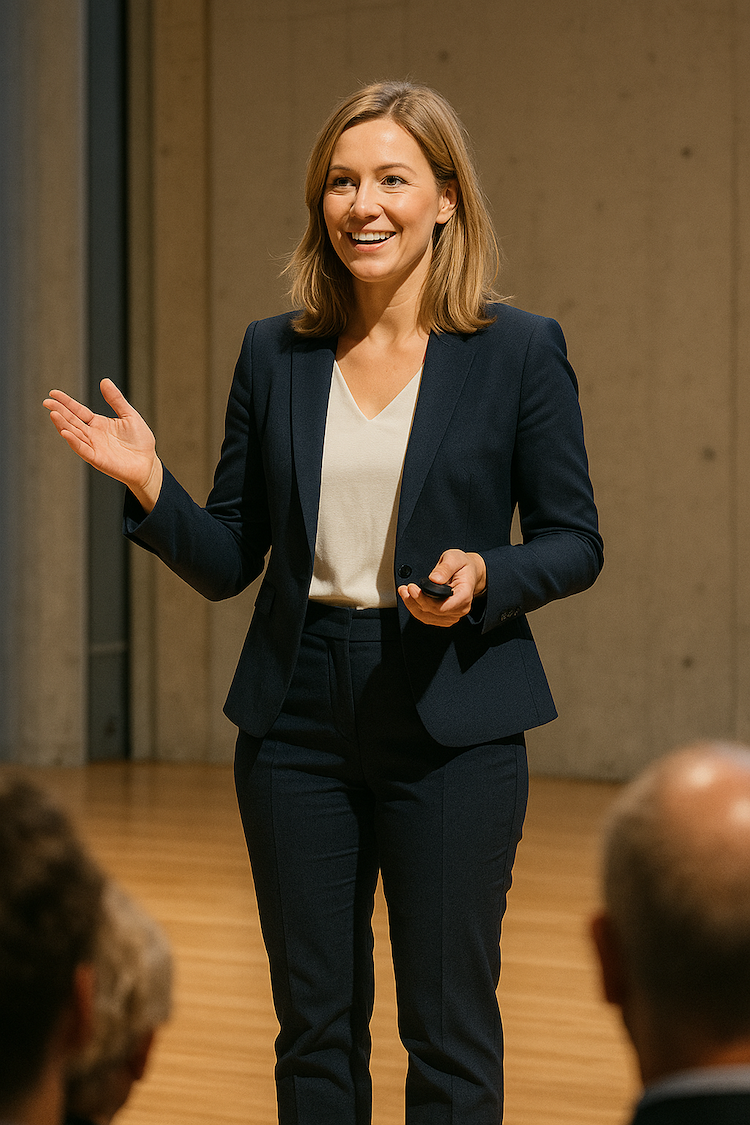Eine Frau in einem marineblauen Anzug und weißer Bluse steht in einem Raum, lächelt und gestikuliert mit einer Hand, während sie eine Fernbedienung hält, und scheint eine Präsentation mit einer Checkliste zur Vorbereitung einer Präsentation zu halten.